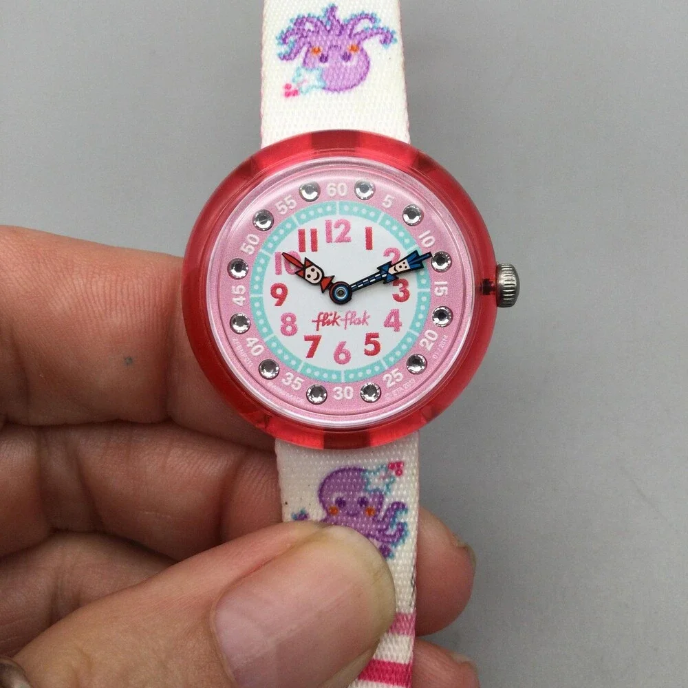 Flik Flak Girls Watch 29mm Pink Dial Octopus Fabric Strap Swiss 1U32 New Battery